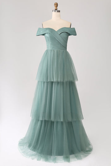 Grågrøn A Line Off the Shoulder Tiered Tulle A Line Prom Dress